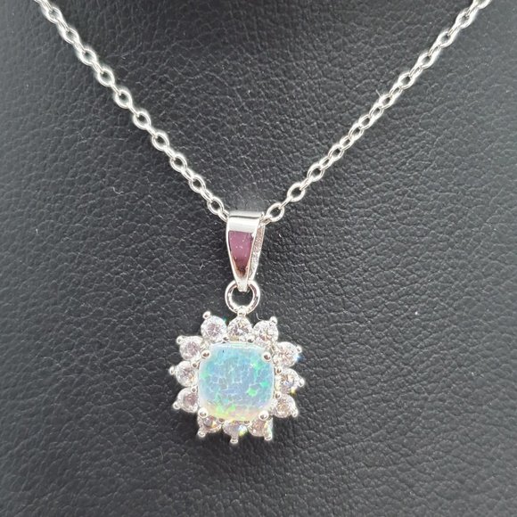 Silver 925 Rhodium Plated Opal Sun CZ Stud Earring and Necklace Set